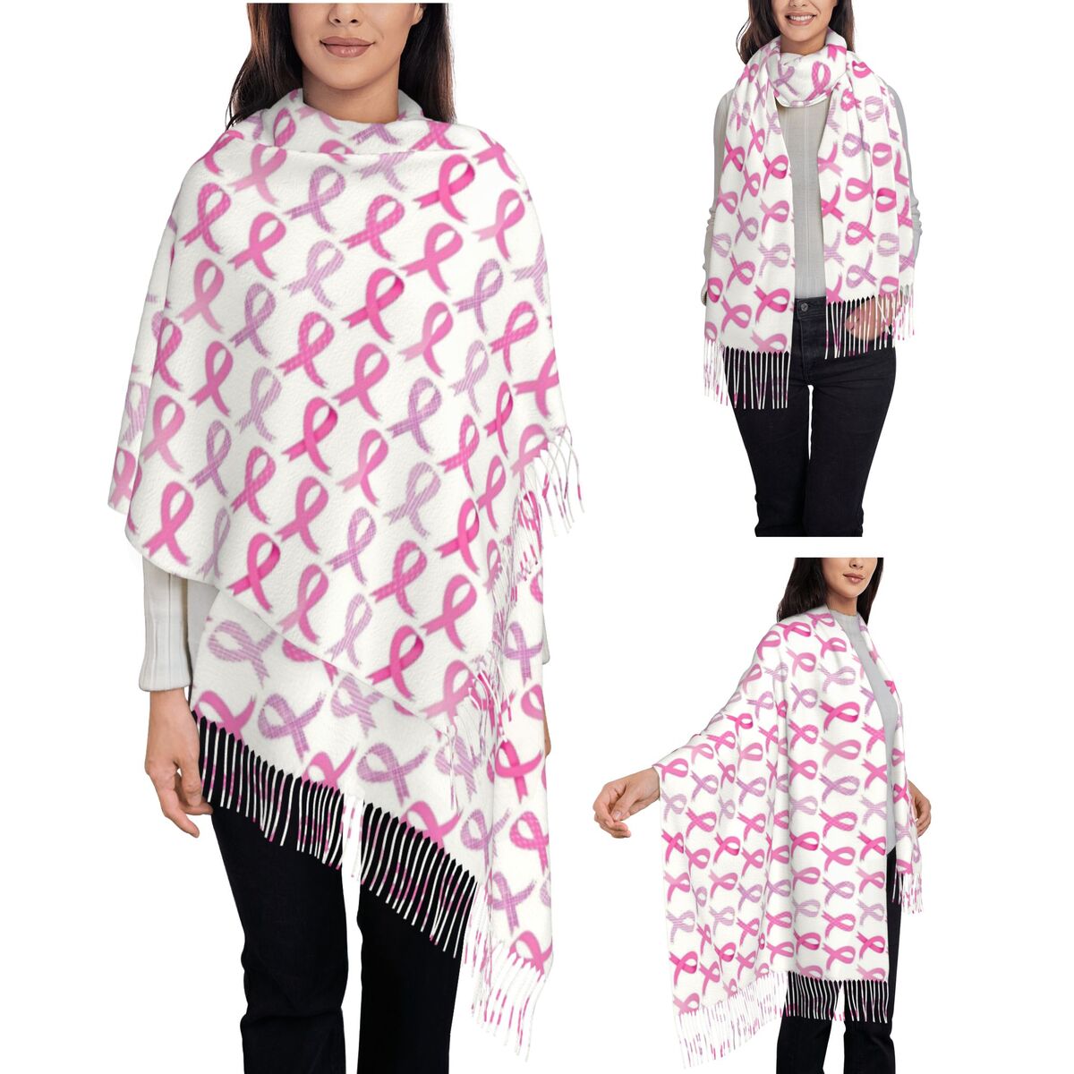 Cashmere Scarf Wrap - Women's Tassel Scarf Pink Ribbon Long